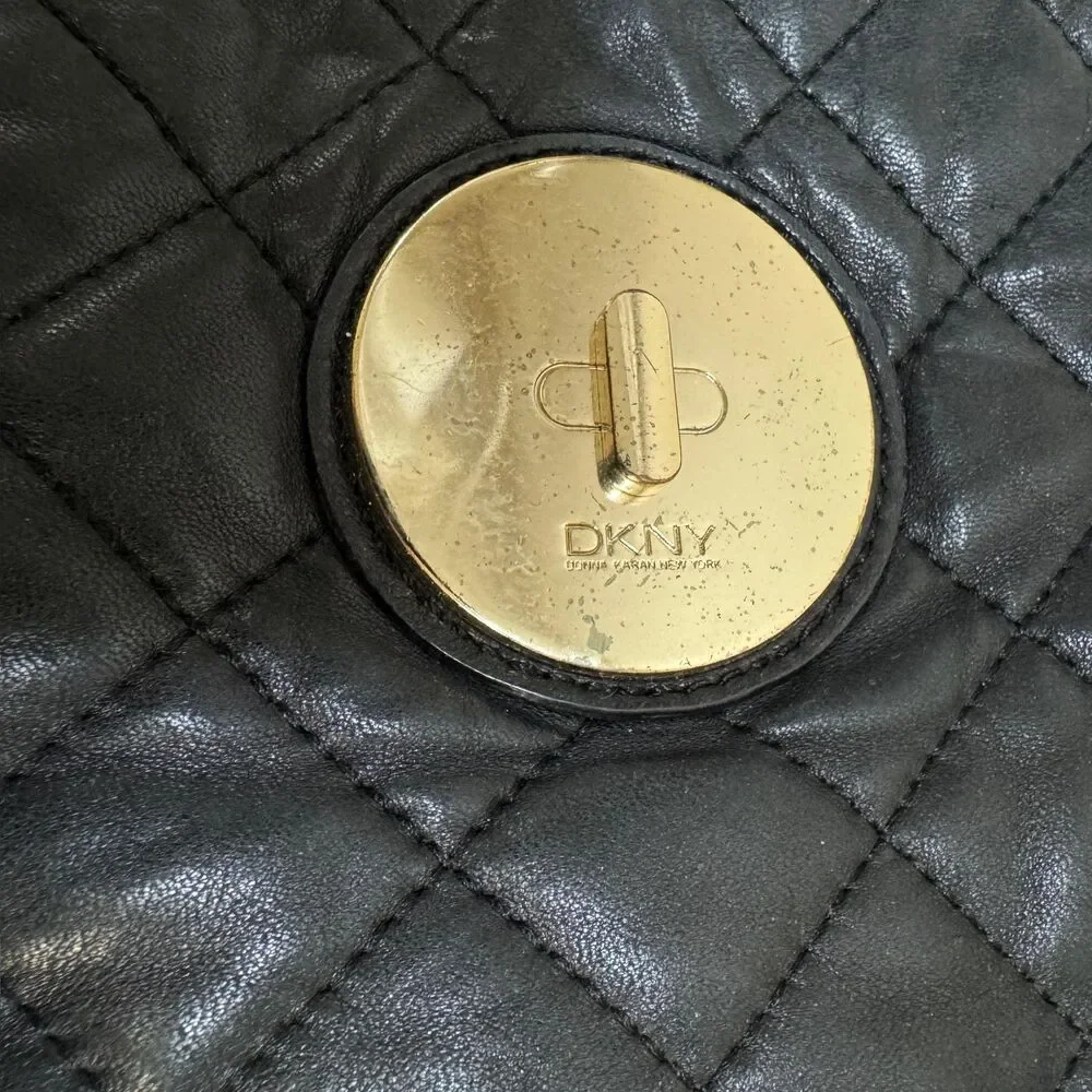 DKNY Leather Black Shoulder Bag Quilted Gold Purse Carryall Business Pocketbook